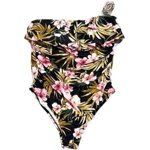 NWT Kona Sol Double Flounce Front High Coverage One Piece Floral Swimsuit Size L